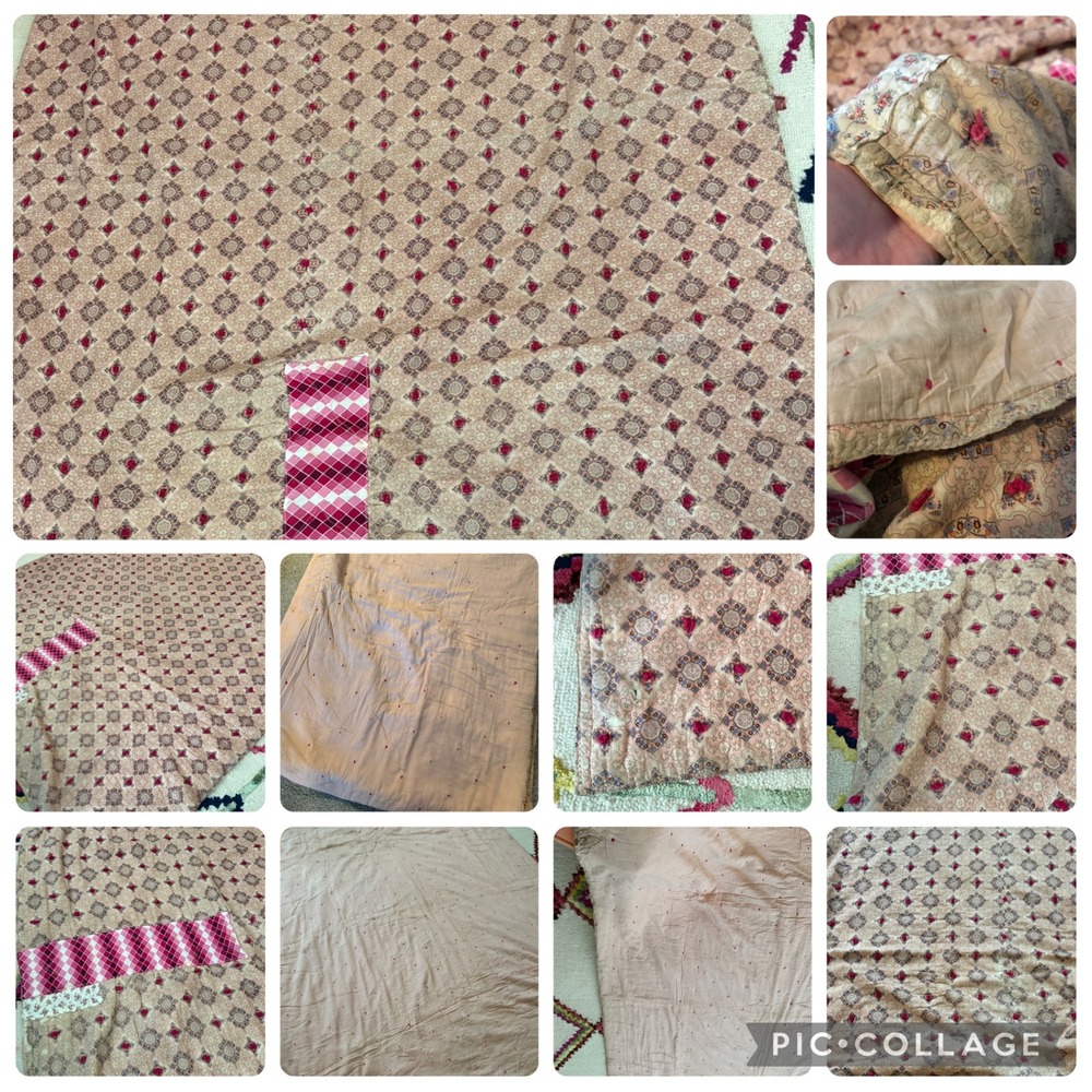 Vintage Hand Stitched Medallion Quilt Pink Tan Tufted Cutter Quilt Restoration
